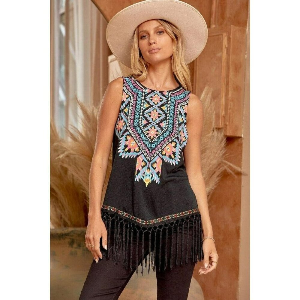 Aztec Fringe Tribal Top in Black
